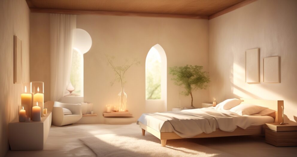 Een serene slaapkamer, badend in warm licht, met een houten bed, wit linnen en minimale decoratie. Gebogen ramen en zachte gordijnen versterken de gloed. Kaarsen en planten zorgen voor een vredige toets.