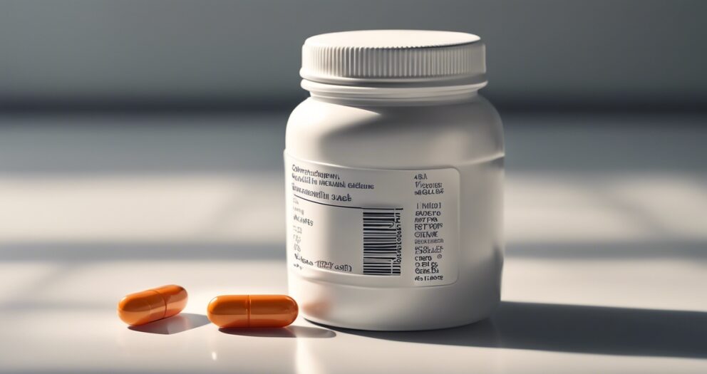 Een witte pillenfles met een label met tekst in een vreemde taal staat op een oppervlak. Twee oranje capsules liggen ernaast en werpen zachte schaduwen. De scène wordt verlicht door natuurlijk licht, wat een rustige sfeer creëert.