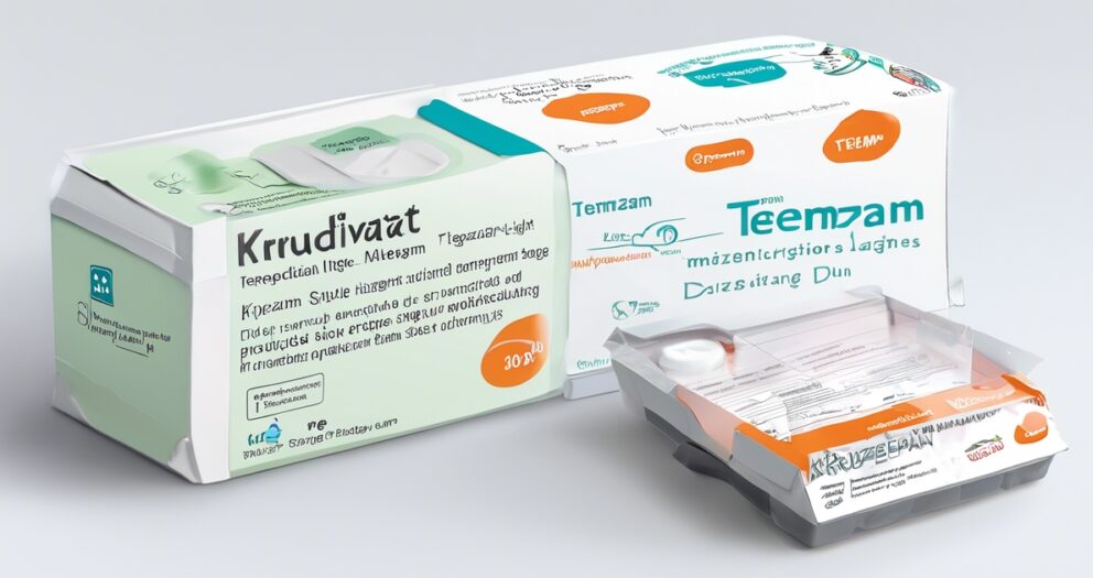 Afbeelding van twee medische verpakkingen. De grotere doos is gelabeld met "Krrudivat", met instructies en doseringsdetails. De kleinere verpakking is gelabeld met "Teemzam", met een doorzichtige blisterverpakking met tabletten. Beide verpakkingen hebben tekst in verschillende lettertypen en kleuren.