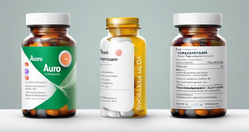 Drie medicijnflesjes met etiketten en verschillende gekleurde pillen erin. Het linkerflesje heeft groene en oranje accenten, het middelste flesje is doorzichtig met een gouden dop en het rechterflesje is wit met vette tekst.