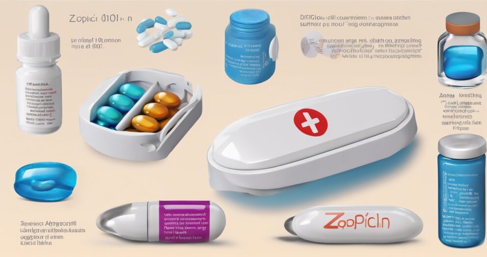 Een assortiment fictieve medicijnverpakkingen met verschillende pillenflesjes, blisterverpakkingen en containers. De etiketten gebruiken onzinnige tekst en felle kleuren. Een witte EHBO-doos met een rood kruis staat in het midden.