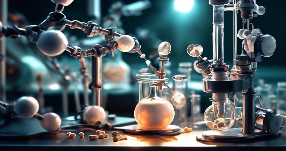 Laboratoriumscène met ingewikkeld chemisch glaswerk en apparatuur met gloeiende vloeistoffen. De opstelling omvat bekers, kolven en buizen die met elkaar verbonden zijn door metalen verbindingen, waardoor een complexe, futuristische atmosfeer van wetenschappelijk experiment ontstaat.