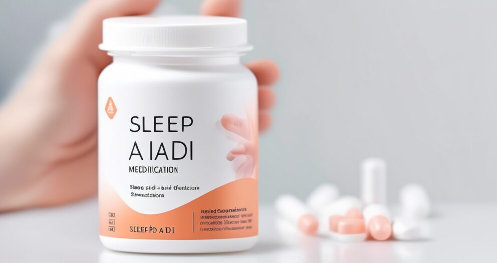 Een hand grijpt naar een witte fles met het label "Sleep Aid Medication" met FDA-informatie. De fles staat op een oppervlak met verspreide witte en roze capsules in de buurt, tegen een lichte achtergrond.