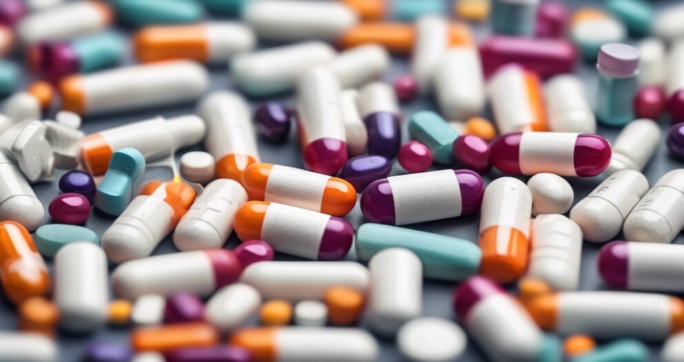 Een verscheidenheid aan kleurrijke pillen en capsules zijn willekeurig verspreid. De pillen omvatten verschillende maten en kleuren, zoals wit, oranje, paars, blauwgroen en combinaties van deze kleuren. Het oppervlak eronder is zachtgrijs.