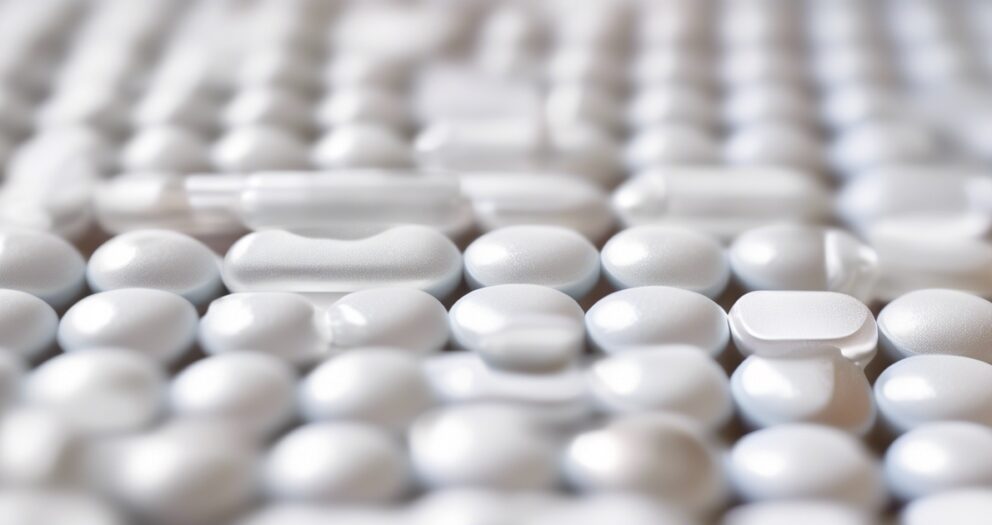 Close-up van verschillende witte pillen en capsules verspreid over het oppervlak. De afbeelding is gericht op de verschillende vormen en maten, en toont een verscheidenheid aan gladde, ronde texturen.