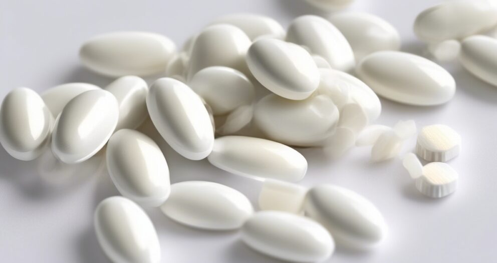 Een stapel glanzende witte ovale pillen en een paar kleine ronde tabletten verspreid over een glad, licht oppervlak. De pillen variëren licht in grootte en vorm, wat een contrast creëert tussen de slanke, grotere capsules en de kleinere ronde tabletten.