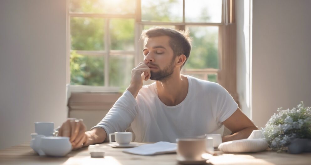 Man in wit shirt zit aan tafel met theepot, kopje en klein boeket bloemen. Zonlicht stroomt door een raam en creëert een kalme, reflecterende sfeer.