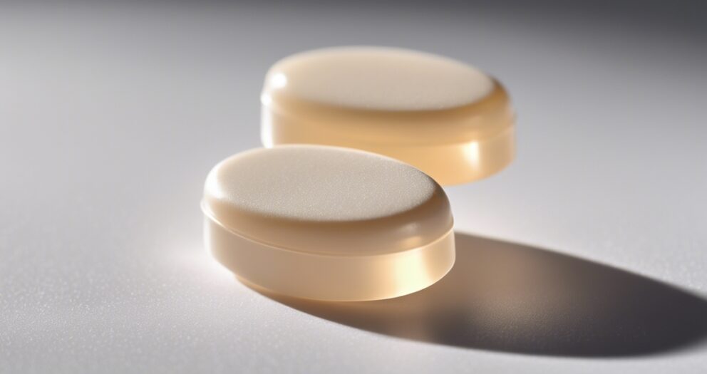 Twee doorschijnende stukken zeep met afgeronde randen rusten op een glad, lichtgekleurd oppervlak. Ze werpen zachte schaduwen, wat de minimalistische en schone esthetiek van de scène versterkt.