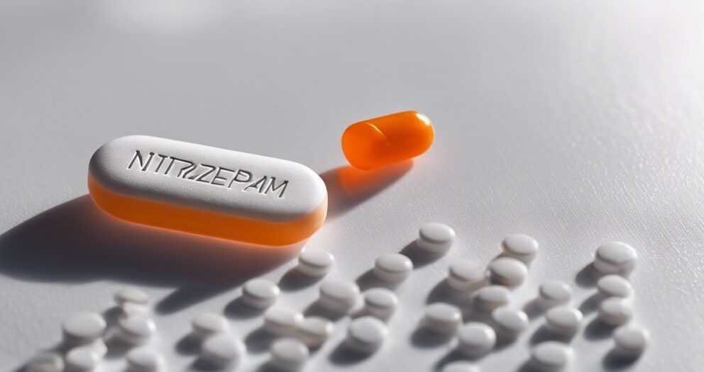 Close-up van een grotere witte pil met "Nitrazepam" erop gegraveerd, vergezeld door een oranje capsule. Kleinere witte ronde tabletten zijn verspreid over het oppervlak. De afbeelding is geplaatst tegen een effen witte achtergrond.