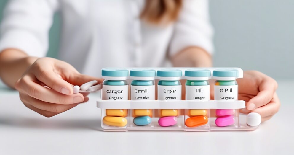 Een persoon houdt een doorzichtige wekelijkse pillendoos vast die gevuld is met kleurrijke capsules en tabletten, met flessen met de labels "Carzzz," "Cemill," "Or pipr," "Pill," en "G Pill" erop. De achtergrond is een zachte waas.