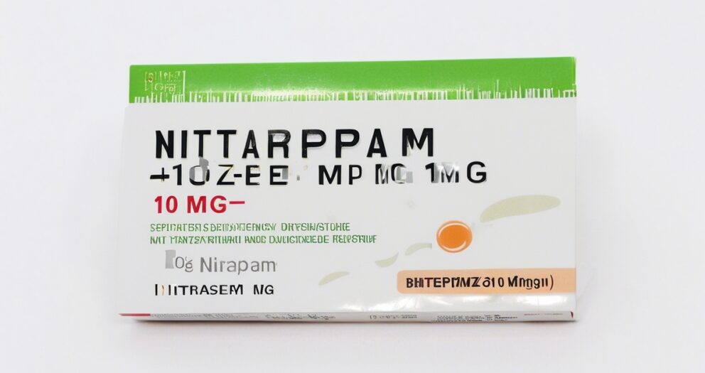 Een medicijnpakket met vervormde tekst op de verpakking, met onleesbare letters. De kleuren zijn voornamelijk groen en wit, met rode en zwarte tekst die de dosering aangeeft "10 MG.