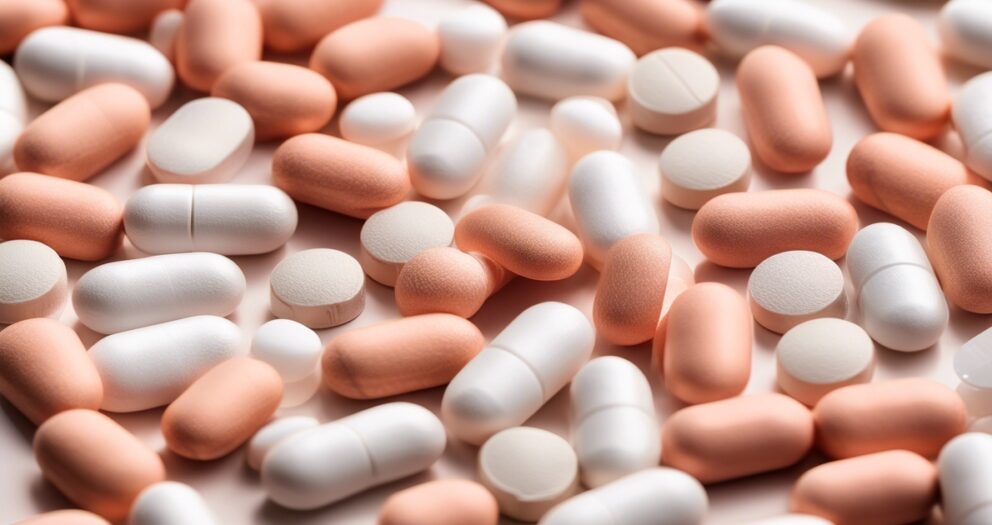 Een close-up van verschillende pillen verspreid over een oppervlak. De pillen zijn voornamelijk in tinten perzik en wit, met verschillende vormen, waaronder rond, ovaal en capsule-achtige vormen. De belichting creëert zachte schaduwen.