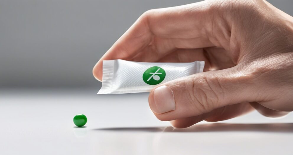 Hand houdt een klein wit pakje vast met een groen logo, naast een enkele groene erwt op een wit oppervlak.