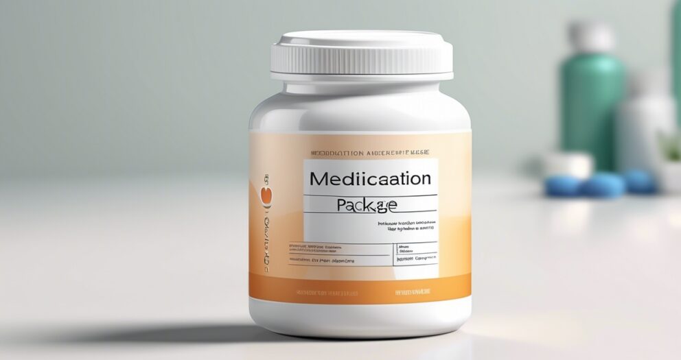 Een witte pillenfles met het label "Mediacation Package" staat op een oppervlak met een wazige achtergrond van blauwe en groene flessen. Het label bevat grijze tekst en een ontwerp met een oranje cirkel en golvende lijnen.