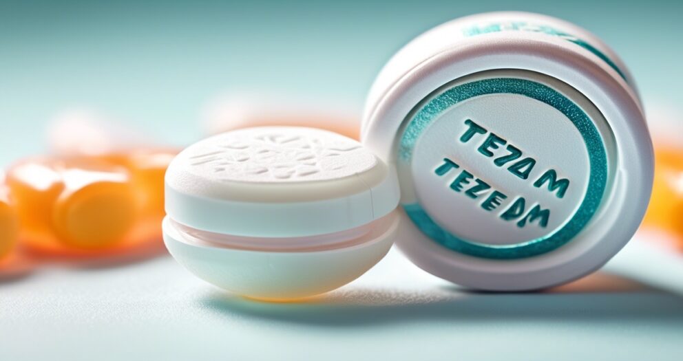 Een ronde contactlenshouder met getextureerde deksels is open en onthult twee compartimenten, waarvan er één een heldere vloeistof bevat. Het woord "TEZAM" is in reliëf op de deksels aangebracht. Op de wazige achtergrond zijn er wazige oranje capsules met een zachte focus te zien.