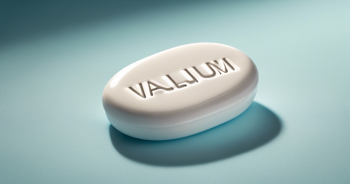 Een witte, ovale pil met het woord "VALIUM" erop gegraveerd, rustend op een lichtblauw oppervlak. Schaduwen worden naar rechts geworpen, wat duidt op licht van de linkerkant. De achtergrond is zacht verlicht, wat een klinische en schone uitstraling creëert.