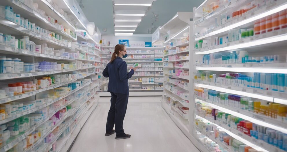 Een persoon in een donker jasje en een broek staat in een fel verlichte apotheekgang en kijkt naar een product. Planken aan beide kanten zijn gevuld met verschillende gezondheids- en schoonheidsproducten.