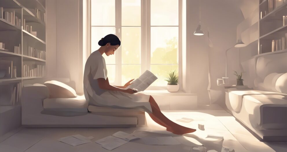 Een vrouw in een serene, zonnige kamer zit op een bank een boek te lezen. Papieren liggen verspreid over de vloer en boeken vullen de planken langs de muren. De sfeer is kalm en geconcentreerd, met natuurlijk licht dat door een groot raam naar binnen stroomt.