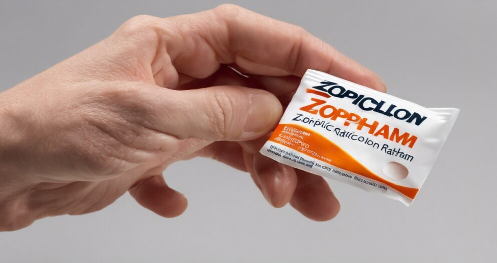 Close-up van een hand die een klein pakketje medicatie vasthoudt met het label "Zopiclone ZOPPHARM" met tekst in het Frans. Het pakketje is wit met oranje en blauwe designelementen. De achtergrond is effen en lichtgekleurd.