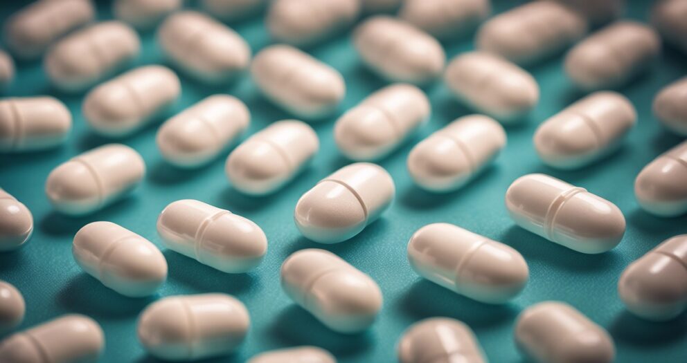 Talrijke witte capsules verspreid over een blauwgroen oppervlak, elk met een gladde, glanzende afwerking, willekeurig geplaatst, waardoor een patroon van herhaling en contrast ontstaat.