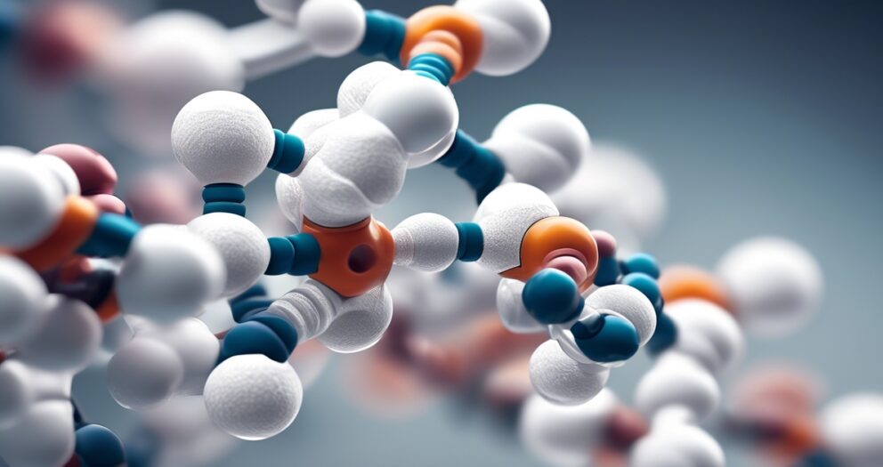Een close-up 3D-weergave van een moleculaire structuur met onderling verbonden bollen in wit, blauw, oranje en blauwgroen, die atomen voorstellen. De achtergrond is zacht vervaagd in gradiënttinten van blauw en grijs.