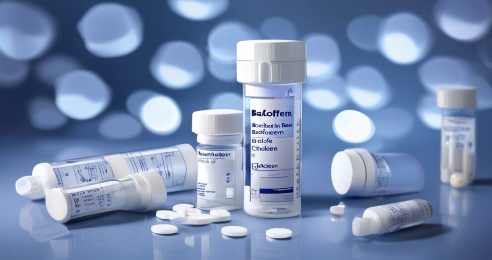 Receptflessen en witte pillen liggen verspreid op een reflecterend oppervlak tegen een wazige blauwe achtergrond. De etiketten op de flessen bevatten tekst en afbeeldingen, maar zijn niet volledig leesbaar. De scène is zacht verlicht, wat de nadruk legt op een klinische setting.