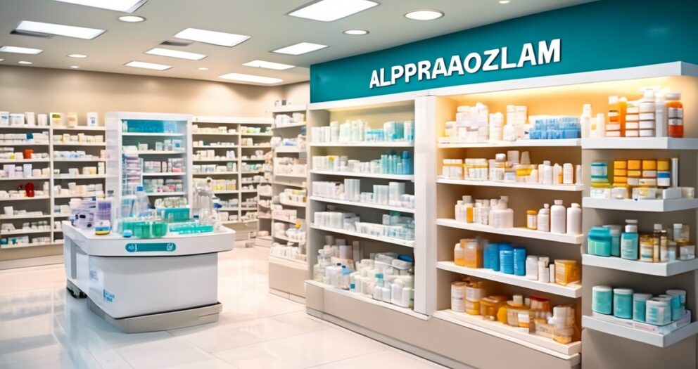 Een moderne apotheek met felle verlichting. Planken zijn gevuld met verschillende medicijnen en gezondheidsproducten. Een centraal display-eiland bevat flessen en dozen. Het bord "ALPPRAAOZLAM" is zichtbaar boven een sectie.