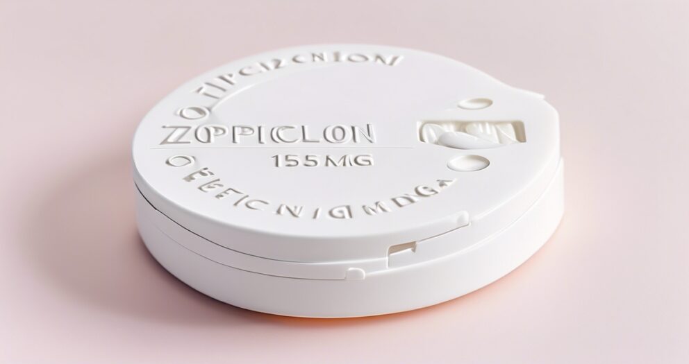 Een ronde, witte medicijncontainer met de tekst "Zopiclon 155 MG" in reliëf op het deksel. De container is gesloten en staat op een lichtroze oppervlak.