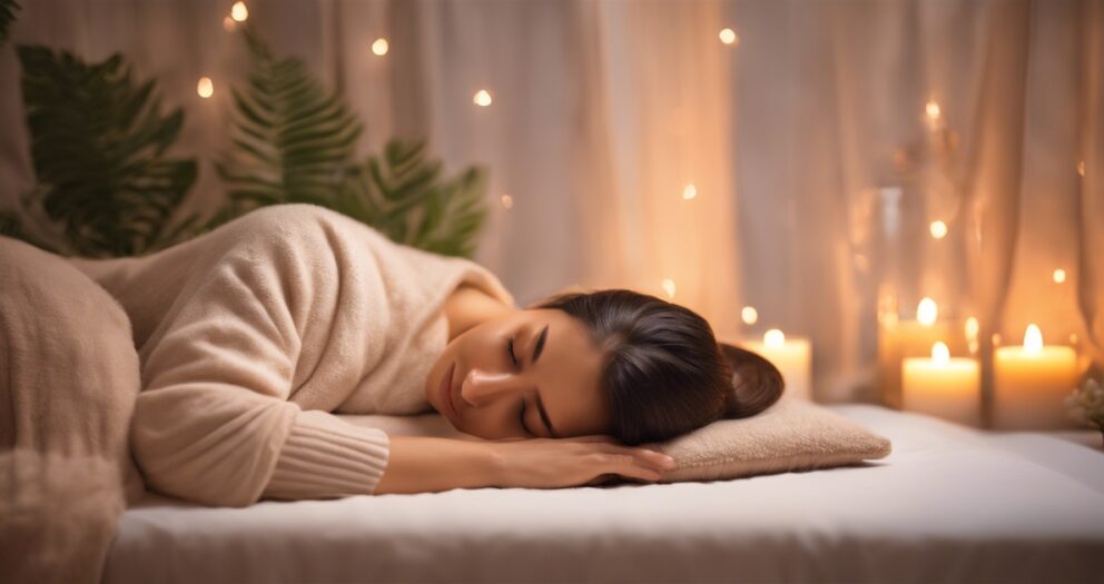 Een vrouw slaapt vredig op een knus bed met een zacht beige kussen en deken. Warme kaarsen en zachte lichtslingers verlichten de achtergrond, waardoor een serene en ontspannende sfeer ontstaat, aangevuld met weelderige groene varenbladeren.