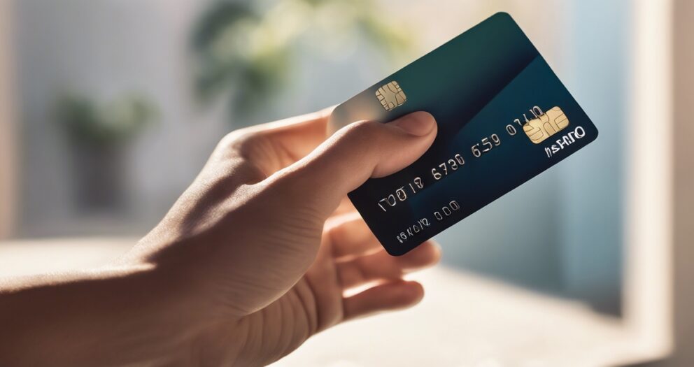 Een persoon houdt een donkerblauwe creditcard met een chip vast, tegen een zacht verlichte, wazige achtergrond. De creditcard heeft een reeks reliëfnummers en een wit logo in de rechteronderhoek.
