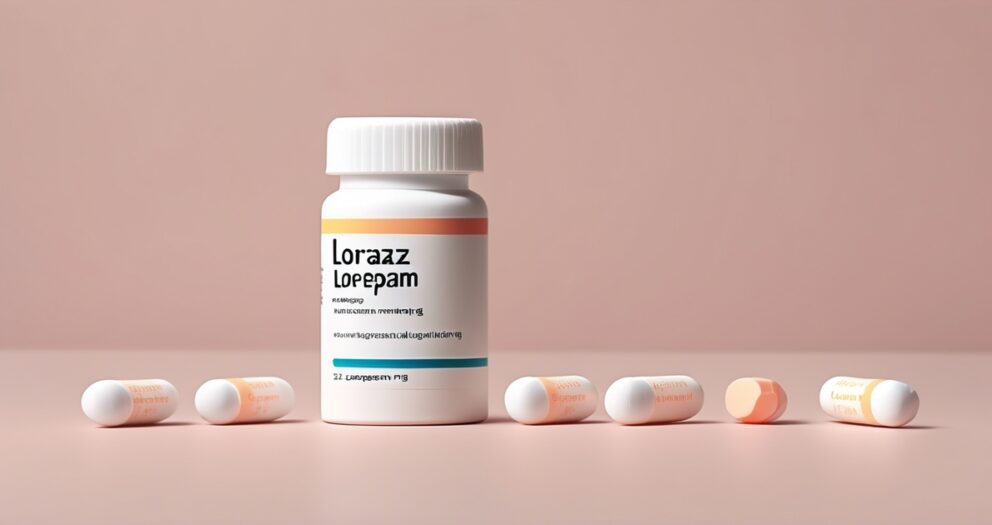 Een witte fles met het label "Loraaz Lopepam" staat rechtop op een roze oppervlak, omringd door verspreide witte en perzikkleurige capsules. De achtergrond is lichtroze, wat een zachte en schone esthetiek creëert.