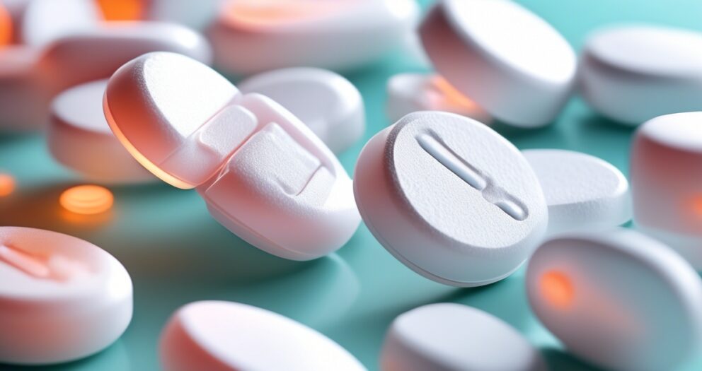 Een close-up van meerdere witte pillen verspreid over een lichtblauw oppervlak. Sommige pillen hebben groeven of gekerfde lijnen, en zachte verlichting creëert een zachte gloed op de randen van de tabletten.