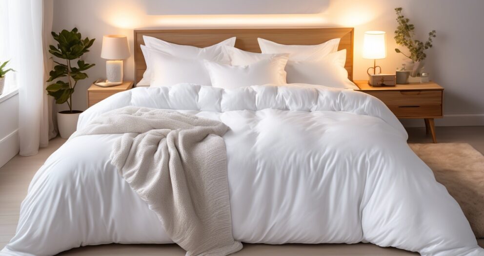 Een gezellige slaapkamer met een netjes opgemaakt bed met donzig wit linnen en kussens. Een beige gebreide deken is over de zijkant gedrapeerd. Houten nachtkastjes met lampen en potplanten staan aan elke kant. Warme verlichting creëert een serene ambiance.