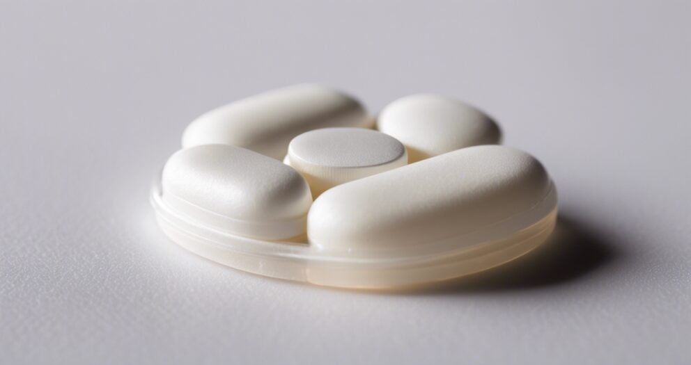 Een cirkelvormige opstelling van vijf witte pillen ligt op een glad, lichtgrijs oppervlak. Vier ovale pillen vormen een ring rond een centrale ronde pil, die lijkt op een bloem. De achtergrond is zacht gefocust, wat de textuur van de pillen benadrukt.