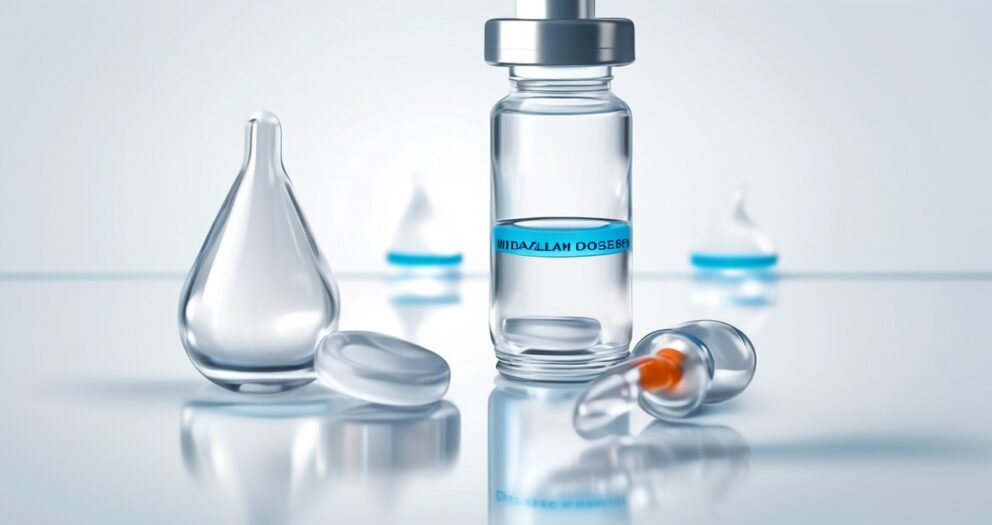Een glazen flesje met het label "SARS-CoV-2" met een druppelaar en een plastic pipetdop ligt op een reflecterend oppervlak. Op de achtergrond zijn extra flesjes wazig te zien, wat duidt op een schone, wetenschappelijke setting.