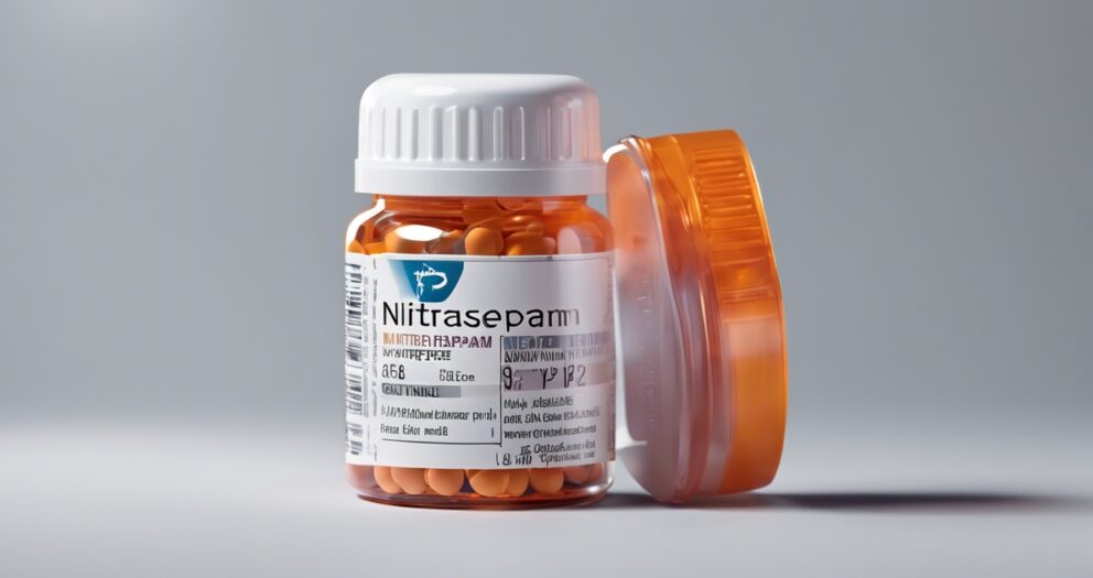 Een klein doorzichtig flesje met een witte dop met het label "Nitrazepam" bevat oranje tabletten. Het flesje staat op een wit oppervlak en ernaast ligt een oranje deksel.