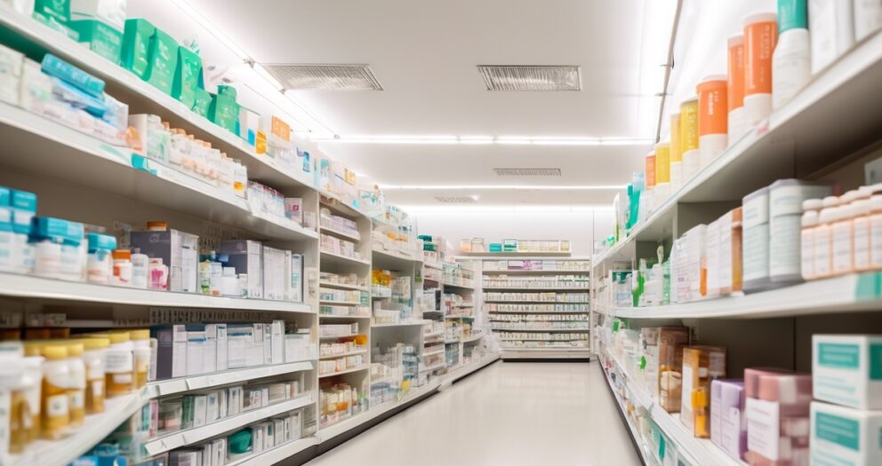 Een helder verlicht apotheekpad met goed georganiseerde planken vol met verschillende gezondheids- en schoonheidsproducten. De planken tonen flessen, dozen en tubes in een scala aan kleuren. De vloer is schoon en het plafond is bekleed met TL-lampen.