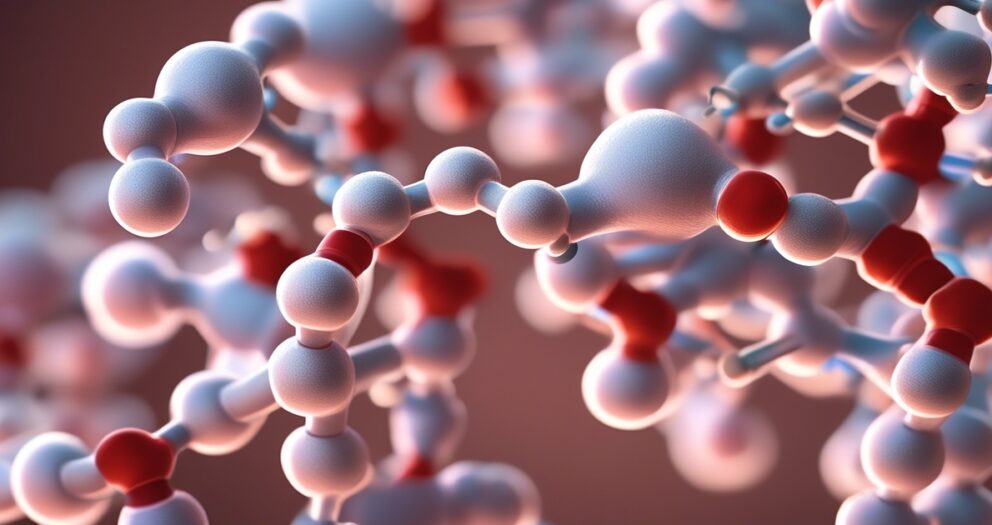 Een close-up van een moleculaire structuur, die onderling verbonden atomen in een complex patroon laat zien. De atomen worden weergegeven als bollen, met verschillende groottes en kleuren, voornamelijk tinten wit en rood, tegen een zachte wazige achtergrond.