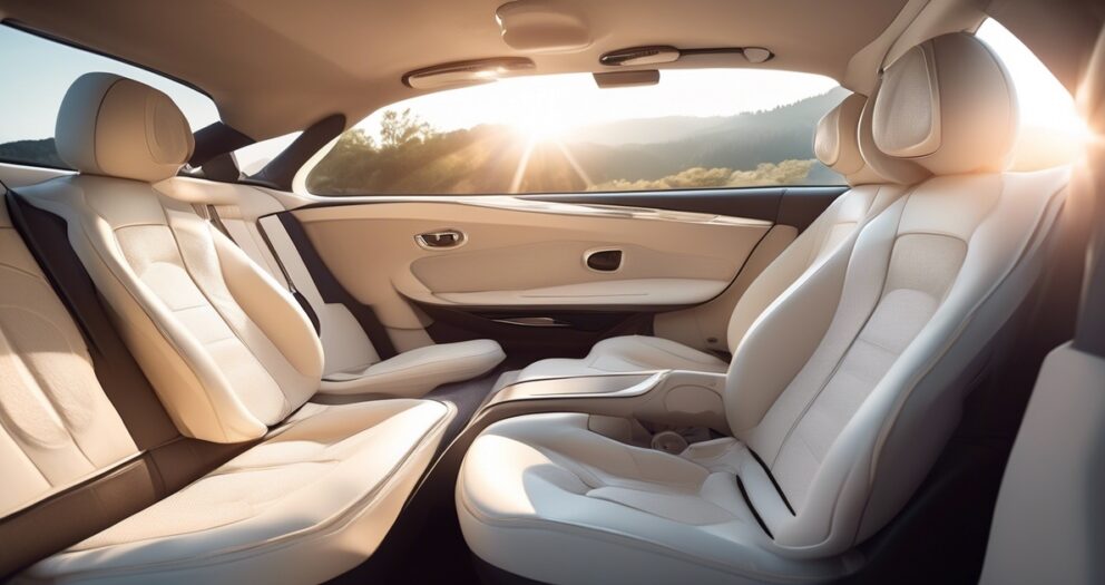 Luxe auto-interieur met witte leren stoelen die baden in warm zonlicht, met een strak, modern design. Het uitzicht is van achteren, met bergen zichtbaar door grote zijramen, wat het gevoel van comfort en elegantie versterkt.