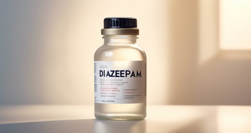Een heldere glazen fles met een zwarte dop is gevuld met vloeistof, gelabeld "Diazepam." Het etiket bevat doseringsinformatie en ingrediënten. De fles staat op een licht oppervlak tegen een zacht verlichte achtergrond.