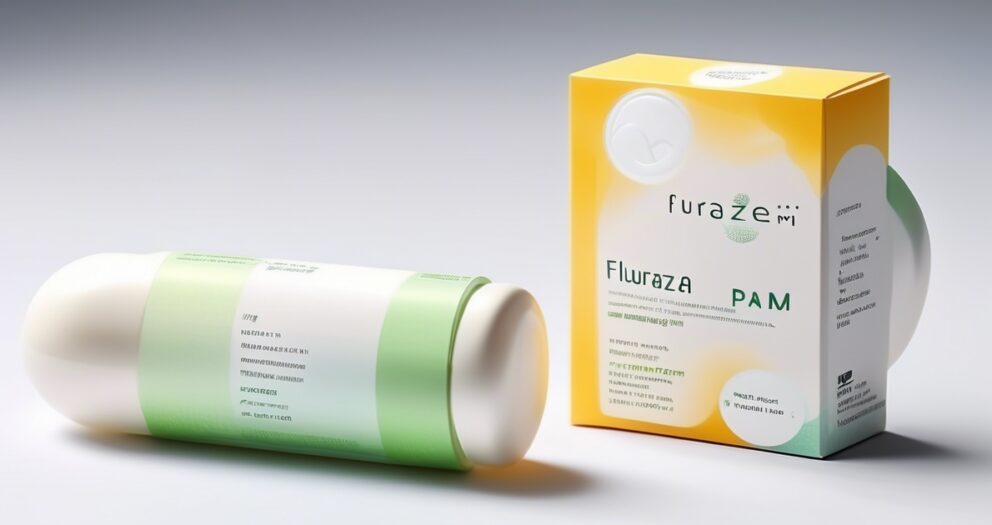 Een groen-witte fles ligt naast een doos met het label "Fluraza PAM" met een geel-wit ontwerp. De verpakking is gemerkt met "furazem." Beide items liggen op een glad grijs oppervlak.
