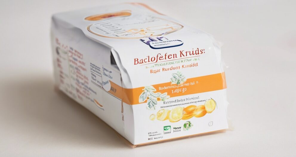 Een verpakking Baclofen Kruiden smaakcrackers met een oranje en wit design. De voorkant toont afbeeldingen van kruiden en crackers. Verschillende logo's en tekst zijn zichtbaar op de verpakking.